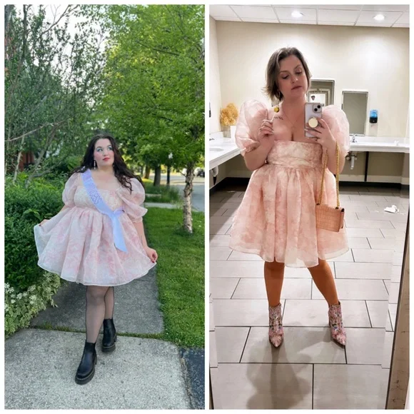 Selkie Puff Sleeve Organza Mini Babydoll Dress Pink Floral 2X - Picture 2 of 11